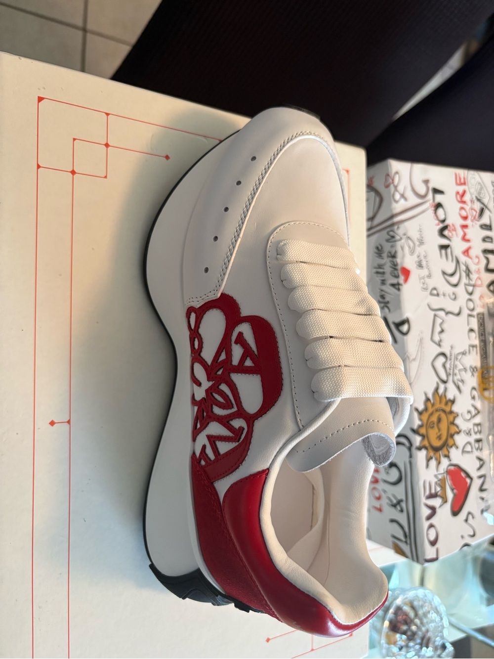 Alexander McQueen White Leather Runner with Red Heel Tab